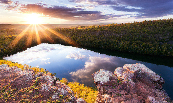 Sunset by lake with trees and flowers