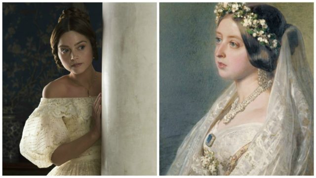 Jenna Coleman as Queen Victoria in PBS’s “Victoria” (left) and the real Queen Victoria in 1847. “Victoria” photo courtesy of ITV plc.