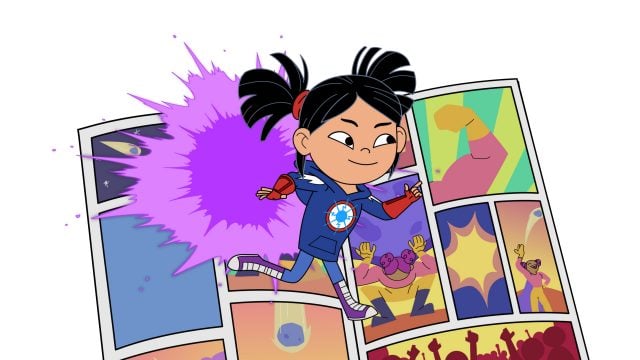 Superhero cartoon girl jumps out of comic book