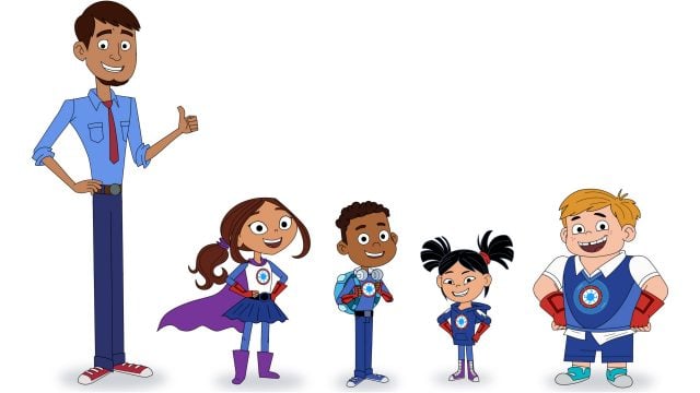 Group of cartoon kid superheroes and teacher
