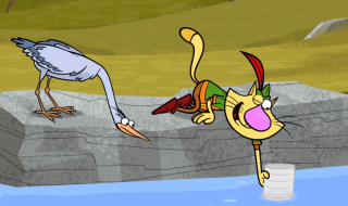 Nature Cat cartoon characters by a pond