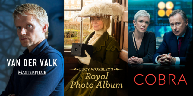 show posters for van der valk, lucy worsley and cobra