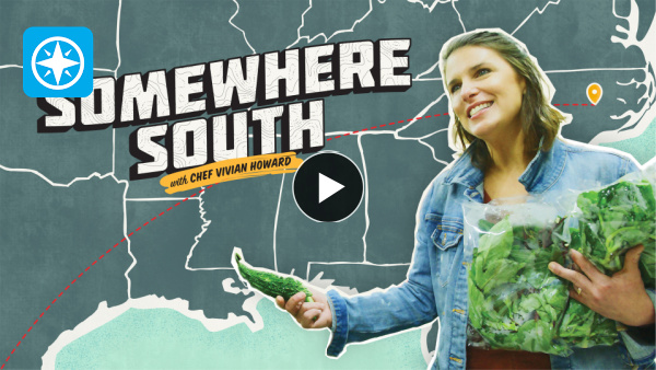 woman in front of map holding spinach with text: somewhere south
