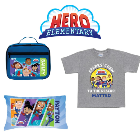 hero elementary t shirt, lunchbox and pillowcase