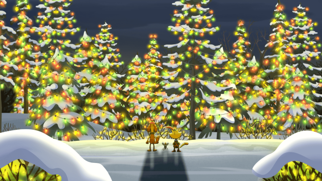 Nature cat in front in pine trees with holiday lights