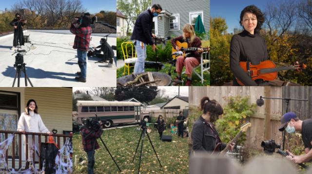 picture montage of filming musicians outdoors