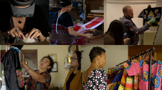 behind the scenes photos of people weaving cloth, looking at colorful clothing