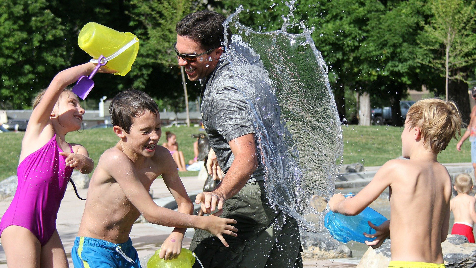 Family splashing water