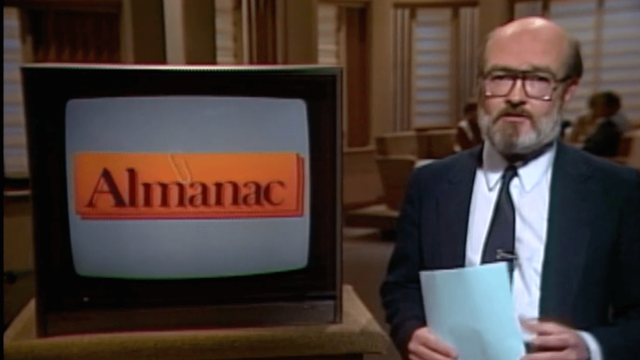 man with almanac written on tv