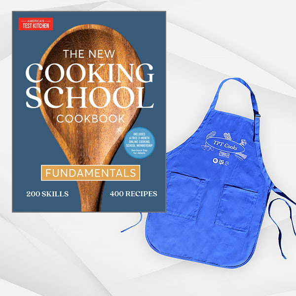 America's Test Kitchen Cookbook and apron